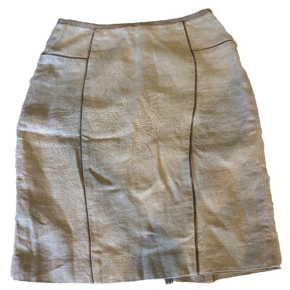 Sandra Augellazi tan linen skirt womens' sz 36 Euro, waist 27" zippers feature